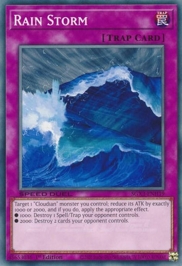 A Yu-Gi-Oh! trading card titled "Rain Storm [SGX3-ENH19] Common" with a purple border and the text “[TRAP CARD]” in the top-right corner. A Speed Duel GX exclusive, it features artwork of a tumultuous ocean wave under a stormy sky. Text below gives instructions on reducing an opponent’s ATK and destroying spells or traps.