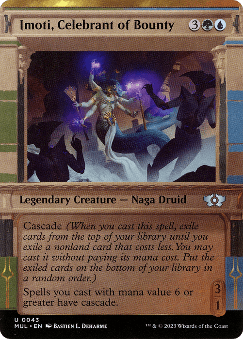 A Magic: The Gathering card titled "Imoti, Celebrant of Bounty [Multiverse Legends]" depicts a glowing figure holding orbs and surrounded by mystical flora. This Legendary Creature costs 3 colorless, 1 green, and 1 blue mana. With Cascade, a power of 3, and a toughness of 1, Imoti stands as a formidable Naga Druid among the Multiverse Legends.