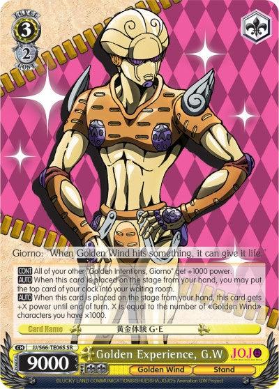 The image is a trading card titled "Golden Experience, G.W (JJ/S66-TE06S SR) [JoJo's Bizarre Adventure: Golden Wind]" from Bushiroad. It features a stylized character in a yellow suit with a golden helmet covering his eyes. This Super Rare card boasts stats including a power of 9000 and abilities outlined in the text box below the illustration.