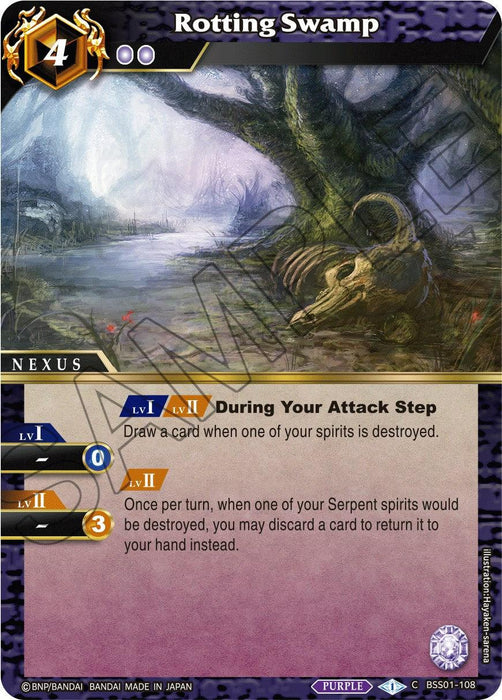 The image features the "Rotting Swamp (BSS01-108) [Dawn of History]" Nexus Card from Bandai. The card has a mystical swamp background with dark, twisted trees, glowing purple mist, and the remains of a ram’s skeleton partially submerged. The card's abilities are detailed in text boxes with level requirements and specific effects.