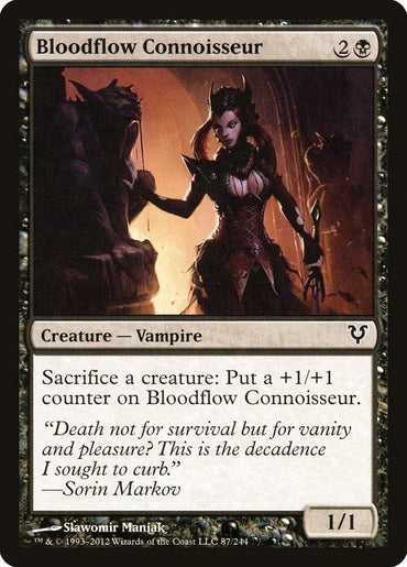 The "Bloodflow Connoisseur" card from Magic: The Gathering's Avacyn Restored set depicts a vampire elegantly positioned with a dagger in a mysterious, dark atmosphere. With bold black borders, the card includes the ability: "Sacrifice a creature: Put a +1/+1 counter on Bloodflow Connoisseur." Showcasing insights from Sorin Markov, it has stats of 1/1.