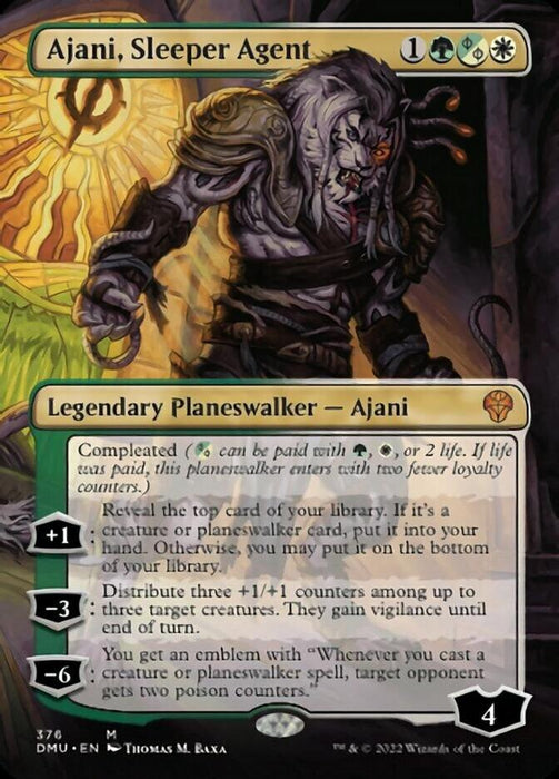 A Magic: The Gathering card titled "Ajani, Sleeper Agent (Borderless) (376) [Dominaria United]" from Magic: The Gathering. It's a Legendary Planeswalker card featuring Ajani, a lion-like warrior with an eye patch and ornate armor. The card showcases various abilities: "+1", "-3", and "-6". The detailed art has a green, white, and black color scheme.