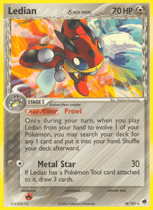 A Ledian (18/101) (Delta Species) [EX: Dragon Frontiers] Pokémon trading card from the Dragon Frontiers set. The card has 70 HP and displays Ledian, a ladybug-like Pokémon, surrounded by a sci-fi theme. This rare card features the abilities "Prowl" and "Metal Star" and evolves from Ledyba, numbered 18/101 with a yellow border and intricate holographic details.