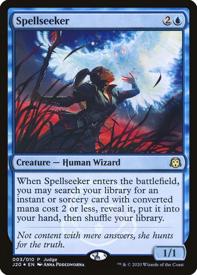 The Spellseeker card from Magic: The Gathering's Judge Gift Cards 2020 series depicts a Human Wizard in a shadowy environment, her hands aglow with magical light. The card's text describes her ability to search for an instant or sorcery card to add to the player's hand. The captivating artwork is created by Anna Podedworna.