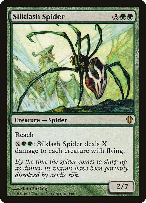 A Magic: The Gathering product titled "Silklash Spider [Commander 2013]" from the brand Magic: The Gathering. It costs 3 generic and 2 green mana to cast and has 2 power and 7 toughness. Its abilities are Reach and dealing X damage to each creature with flying. The artwork depicts a spider with green and black coloring.