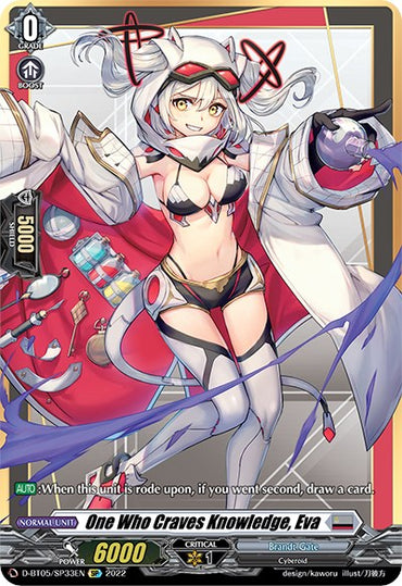 Here is a Bushiroad "Cardfight!! Vanguard" card from the "Triumphant Return of the Brave Heroes" series, featuring One Who Craves Knowledge, Eva (D-BT05/SP33EN). The artwork depicts a female character with cat ears, dressed in a white and red outfit with a lab coat. She holds a book in one hand and extends her other hand forward. This Special Parallel card offers 6000 power, 1 critical, and comes with a unique ability.