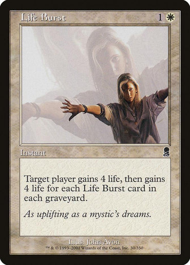 The "Life Burst" card from Magic: The Gathering’s Odyssey set costs 1 colorless and 1 white mana and features art by John Avon. It shows a woman with outstretched arms and allows a target player to gain 4 life, plus extra life for each "Life Burst" in all graveyards.