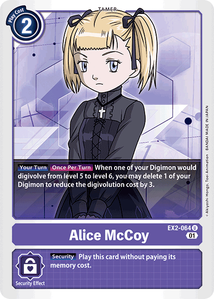 The card showcases Alice McCoy from the Digimon series, identified as EX2-064, featuring her in a black Gothic dress with light hair styled into twin ponytails and a cross necklace. She is set against a geometric purple background. The card text highlights the 