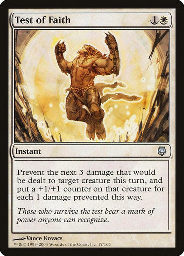 A "Test of Faith [Darksteel]" Magic: The Gathering card showcases a muscular, glowing humanoid figure with claws and fangs at the center, enveloped in a bright, explosive light. As an instant card: "Prevent the next 3 damage that would be dealt to target creature this turn, and put a +1/+1 counter on that creature for each 1.