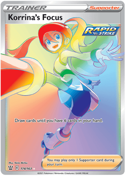 A colorful Pokémon card featuring Korrina in a dynamic action pose against a rainbow background from the Battle Styles series. She wears a green and white outfit with matching footwear. Text reads "Korrina's Focus" and describes her ability to draw cards. The card is labeled as a "Trainer" and "Rapid Strike." The product is Korrina’s Focus (174/163) [Sword & Shield: Battle Styles] by Pokémon.