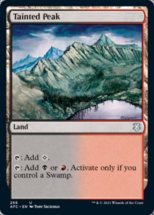 A Magic: The Gathering card named "Tainted Peak [Dungeons & Dragons: Adventures in the Forgotten Realms Commander]," tied to the Adventures in the Forgotten Realms set, depicts a mountainous landscape with a river and dark clouds. The type line reads "Land," with abilities: "Add Colorless mana" and "Add Red or Black mana if you control a Swamp." Illustrated by Tony Szczudlo.