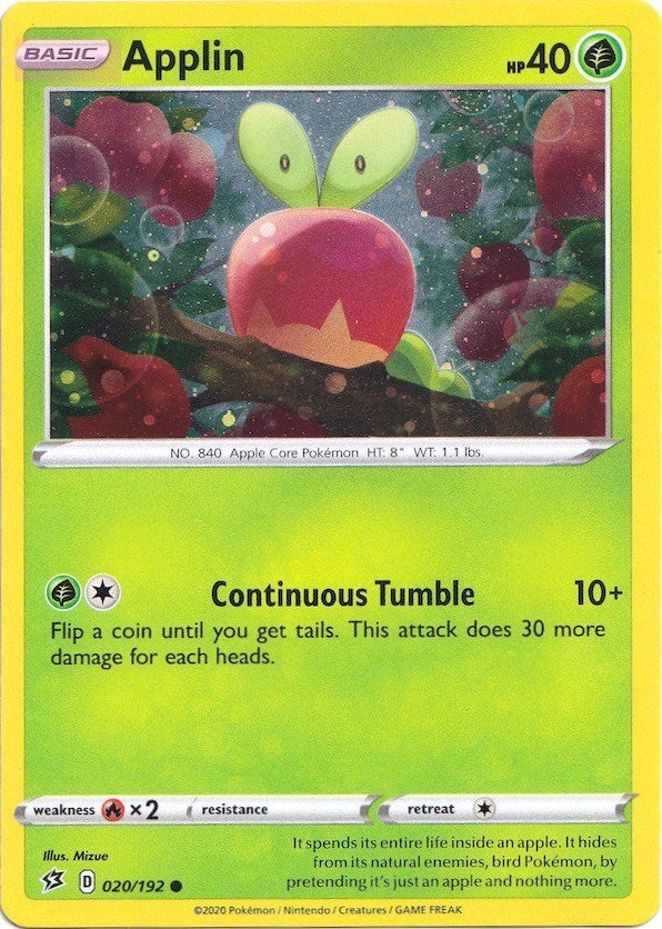 Introducing the Applin trading card from the Pokémon Sword & Shield: Rebel Clash series. This unique card showcases Applin, an apple-like creature with red skin and small leaves on its head, set against a lush forest backdrop. It features a modest HP of 40 and the 