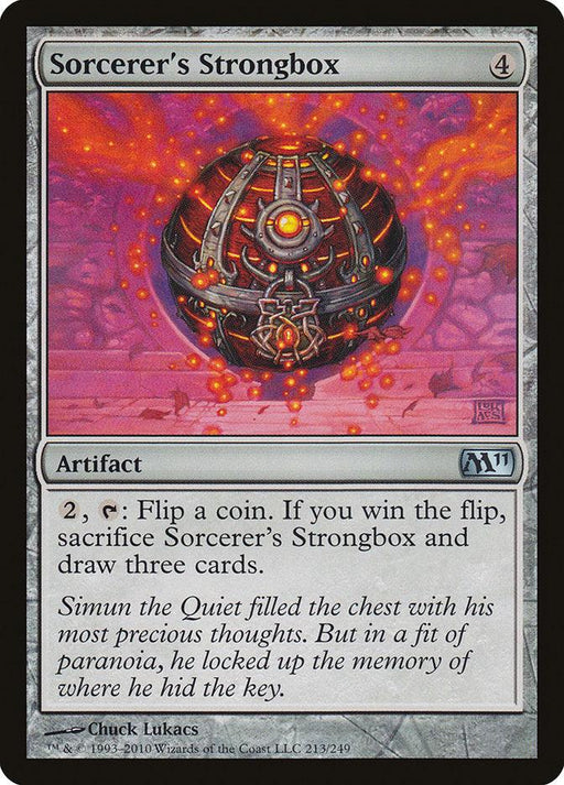 A Magic: The Gathering card from the Magic 2011 set, titled "Sorcerer's Strongbox [Magic 2011]." The image shows a mystical, illuminated lockbox with intricate designs, wrapped in chains and glowing with red energy. As an artifact, its text describes flipping a coin to potentially draw three cards upon sacrifice.