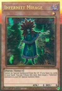 A trading card titled "Infernity Mirage [MAGO-EN005] Gold Rare" from the Yu-Gi-Oh! series, featured as an Effect Monster in the Maximum Gold set. It depicts a menacing, supernatural figure with long, spiky hair and a dark robe adorned with glowing green runes. The card is shown as an ATK 0 and DEF 0 Fiend/Effect monster.