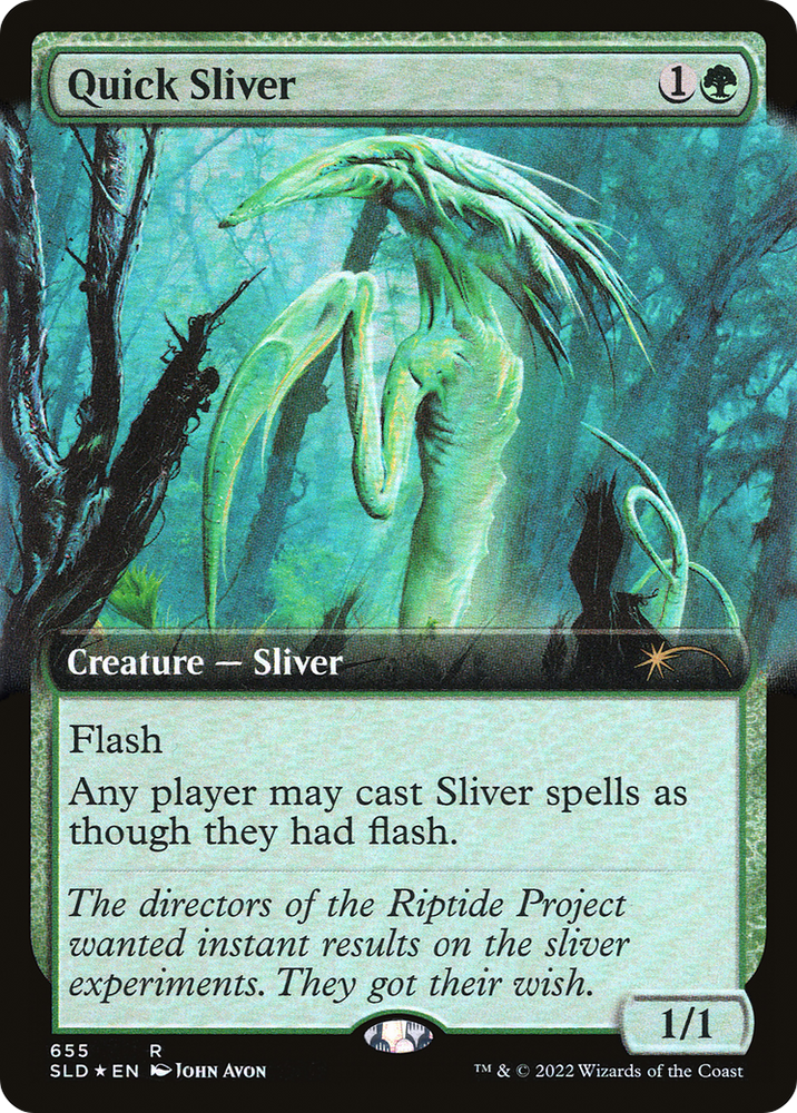 The Magic: The Gathering card "Quick Sliver (Extended Art) [Secret Lair Drop Promos]" depicts a green, insect-like creature with elongated limbs in a lush forest setting. With a casting cost of 1 colorless and 1 green mana, it features "Flash," allowing Sliver spells to be cast instantly. This nimble creature has power and toughness rated at 1/1.