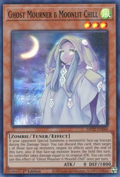 A Yu-Gi-Oh! trading card titled "Ghost Mourner & Moonlit Chill [MP22-EN260] Super Rare" from the 2022 Tin of the Pharaoh's Gods features a Tuner/Effect Monster with long purple hair, a hooded cloak, and a serene expression, standing under a starry night sky with a glowing moon. The card has details on abilities, attack, and defense points.
