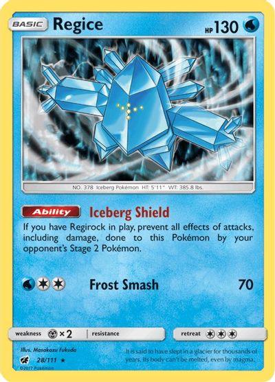 A **Pokémon** trading card featuring **Regice (28/111) [Sun & Moon: Crimson Invasion]**. The Holo Rare card displays a blue, crystalline humanoid figure with yellow dots forming a face. It has 130 HP, an ability called Iceberg Shield, and an attack named Frost Smash with a power of 70. The card is numbered 28 out of 111.