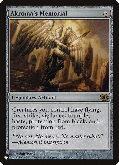A rare Magic: The Gathering card titled "Akroma's Memorial [The List]." This Legendary Artifact, with a casting cost of 7 colorless mana, imbues your creatures with flying, first strike, vigilance, trample, haste, and protections from black and red. The artwork features a winged, armored figure with a sword.