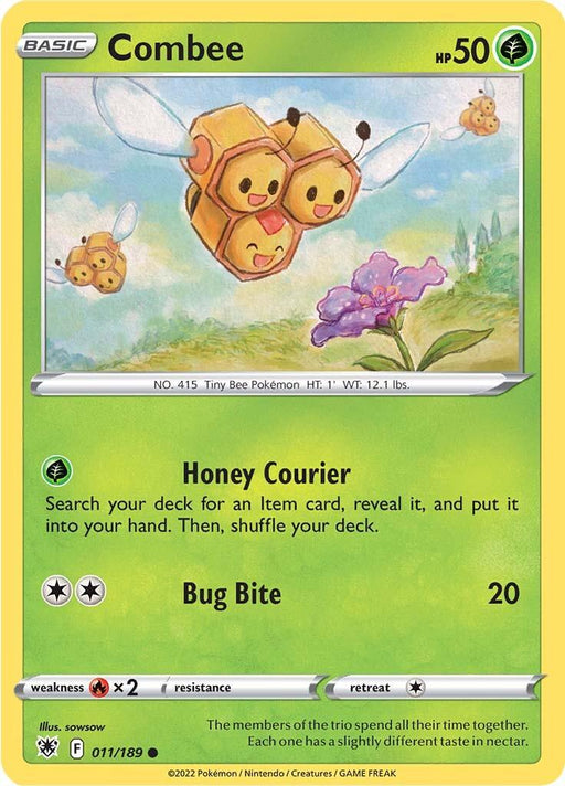 A Pokémon Combee (011/189) [Sword & Shield: Astral Radiance] trading card from the Astral Radiance series featuring Combee. This basic card has 50 HP and showcases an image of Combee, a bee-like Pokémon with three hexagonal faces, flying with two small wings. It has two abilities: Honey Courier and Bug Bite. The card background is yellow-green.