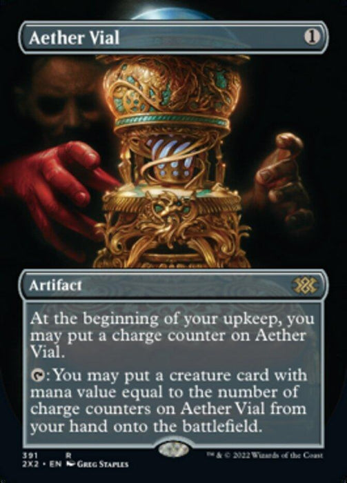 The image showcases an Aether Vial (Borderless Alternate Art) [Double Masters 2022] card from Magic: The Gathering. The card features an ornate, golden vial with intricate designs, glowing faintly with magical light. A red hand reaches toward it, and the text details its artifact abilities involving charge counters and mana value.