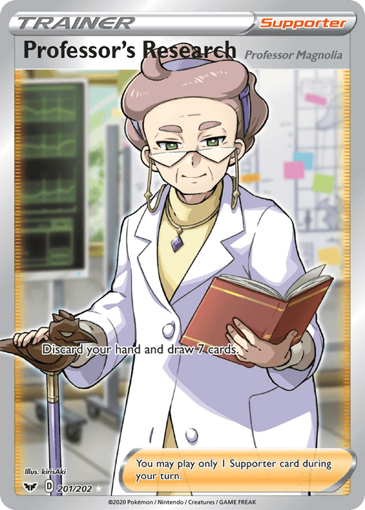 A Pokémon trading card titled "Professor's Research (201/202) (Professor Magnolia) [Sword & Shield: Base Set]" features Professor Magnolia, an elderly woman with glasses and gray hair styled in a bun. She wears a lab coat over a purple shirt and holds an open book. This Supporter card from the Pokémon Sword & Shield: Base Set series instructs players to discard their hand and draw seven cards.