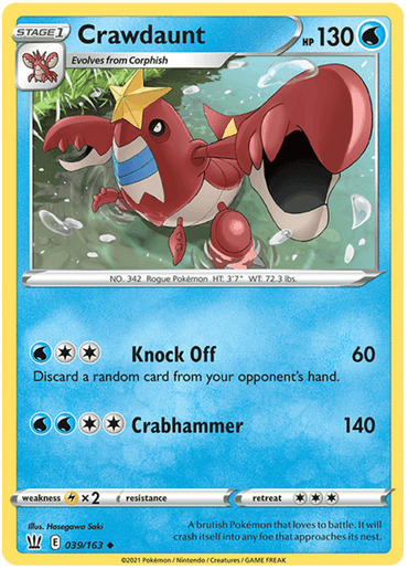 A Pokémon trading card featuring Crawdaunt (039/163) [Sword & Shield: Battle Styles], a red, lobster-like Water type creature with a star on its forehead. The card has a blue border, 130 HP, and includes two attacks: Knock Off (60 damage) and Crabhammer (140 damage). Part of the Battle Styles series, this uncommon rarity card shows its evolution from Corphish as a Stage 1 Pokémon.
