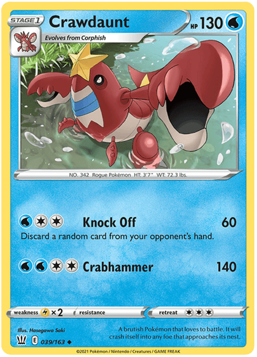 A Pokémon trading card featuring Crawdaunt (039/163) [Sword & Shield: Battle Styles], a red, lobster-like Water type creature with a star on its forehead. The card has a blue border, 130 HP, and includes two attacks: Knock Off (60 damage) and Crabhammer (140 damage). Part of the Battle Styles series, this uncommon rarity card shows its evolution from Corphish as a Stage 1 Pokémon.
