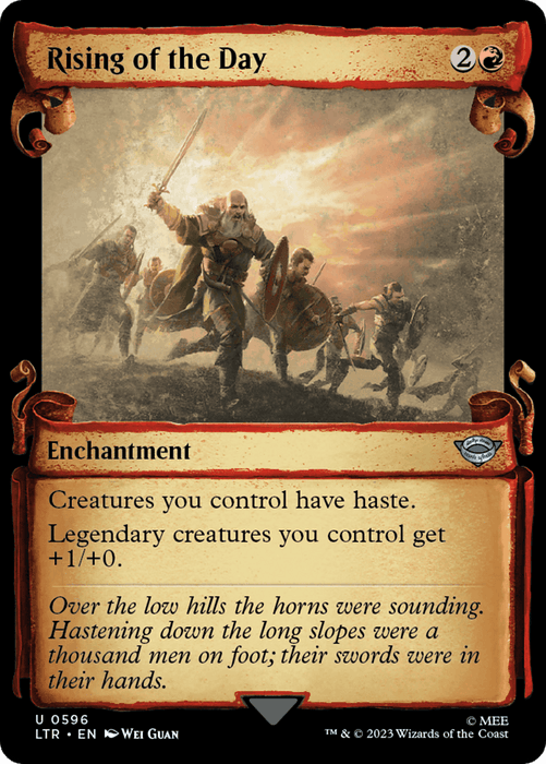 A "Rising of the Day [The Lord of the Rings: Tales of Middle-Earth Showcase Scrolls]" Magic: The Gathering card. It costs 2R (2 colorless and 1 red mana). This Enchantment card grants your creatures haste and +1/+0 to legendary creatures you control. The art, reminiscent of Tales of Middle-Earth, depicts warriors with swords and shields advancing across a foggy battlefield.