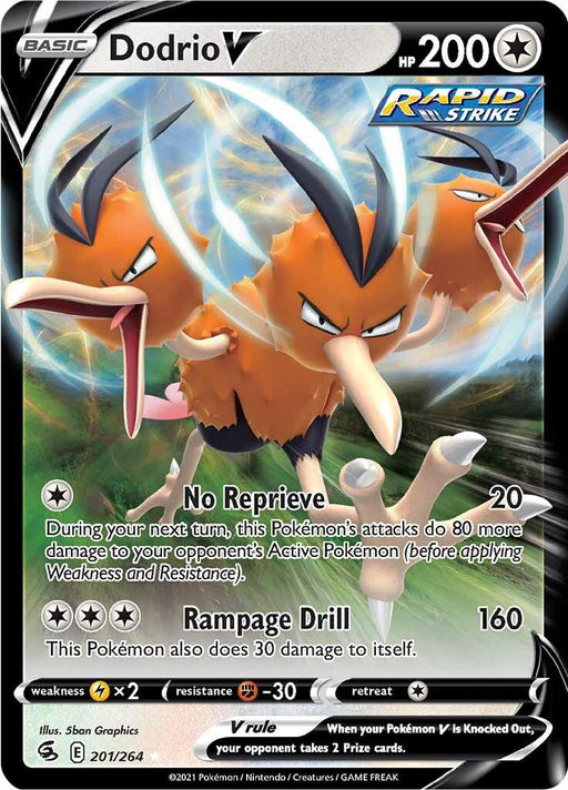 A Pokémon trading card depicts Dodrio V (201/264) [Sword & Shield: Fusion Strike], a bird-like creature with three heads. With 200 HP, it belongs to the Rapid Strike category. Its moves are "No Reprieve" and "Rampage Drill". The Ultra Rare card from Sword & Shield showcases intricate, dynamic artwork, along with attack costs, weaknesses, resistance, and retreat cost.