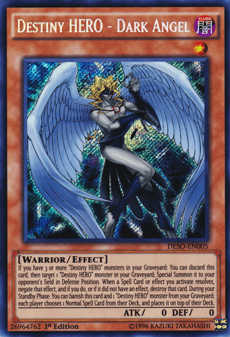 A Yu-Gi-Oh! card titled Destiny HERO - Dark Angel [DESO-EN005] Secret Rare. This Secret Rare Effect Monster features an angelic warrior with blue armor and golden wings, wielding a shiny sword. The card's border is orange, detailing its game effects. It is a 1st Edition card with an ATK of 0 and DEF of 0.
