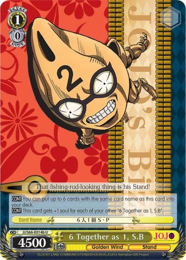 A "JoJo's Bizarre Adventure" character card features a grinning figure with a helmet marked with the number "2". The card name is 6 Together as 1, S.B (JJ/S66-E014b U) [JoJo's Bizarre Adventure: Golden Wind] with a 4500 power level. The background is a vibrant mix of red and gold patterns reminiscent of Golden Wind, with text and abilities listed. This product is by Bushiroad.