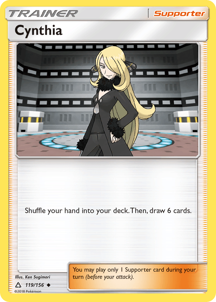 A Pokémon trading card featuring Cynthia, a blonde woman wearing a black outfit. The card is labeled 