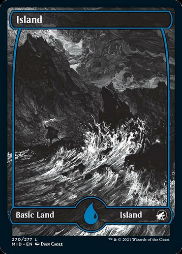 A Magic: The Gathering card titled "Island (270) [Innistrad: Midnight Hunt]." The art depicts dramatic, black-and-white waves crashing against rocky cliffs under a stormy sky, reflective of Innistrad: Midnight Hunt. The frame is black with "Basic Land" and "Island" labels at the bottom, and a water drop symbol representing the blue mana type. Art by Evan Cagle.