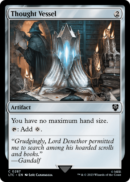 A Magic: The Gathering card titled "Thought Vessel [The Lord of the Rings: Tales of Middle-Earth Commander]" with an artifact type, casting cost of 2 colorless mana. The card has a fantasy illustration reminiscent of Tales of Middle-Earth, featuring a hooded figure in a library, glowing blue vessel, stacks of books, and scrolls. The text reads "You have no maximum hand size. Tap: Add colorless mana.