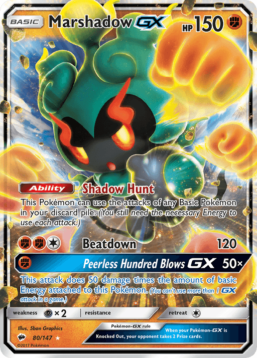 A Pokémon trading card featuring the Ultra Rare Marshadow GX (80/147) [Sun & Moon: Burning Shadows] from the Pokémon set. Marshadow's design includes a ghostly black body with green and red accents. It has an ability called "Shadow Hunt" and moves named "Beatdown" and "Peerless Hundred Blows GX." The card is numbered 80/147 and has an HP of 150.