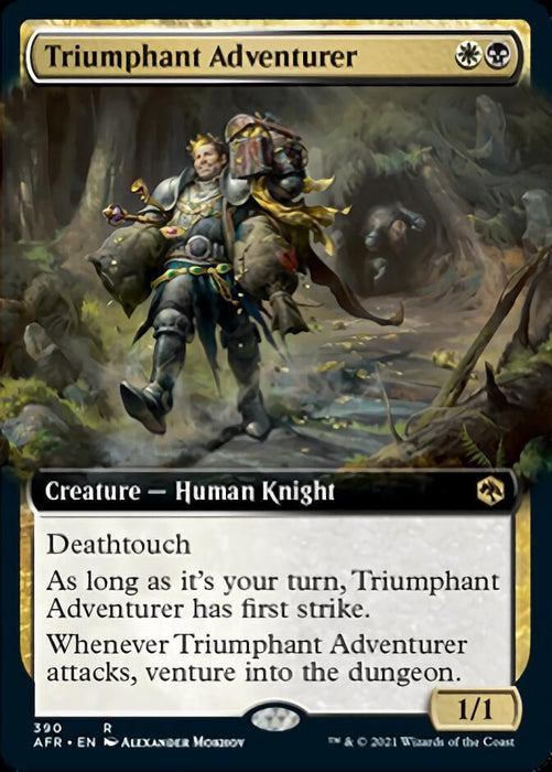 The image is a Magic: The Gathering card named Triumphant Adventurer (Extended Art) [Dungeons & Dragons: Adventures in the Forgotten Realms]. It depicts a Human Knight dressed in armor, holding a goblet, standing triumphantly over a defeated foe in a forest setting. Reminiscent of Dungeons & Dragons, this 1/1 creature with deathtouch and first strike during your turn seems poised to venture into the dungeon.