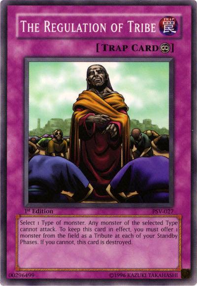 The image is of a Yu-Gi-Oh! trading card titled "The Regulation of Tribe [PSV-027] Common." It's from the Pharaoh's Servant set and features a Continuous Trap with a purple border. The artwork depicts an elderly man in ceremonial robes, standing with folded hands, surrounded by villagers. Text below outlines the card's effect on monster selection in gameplay.