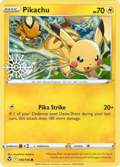 The image is a Pokémon trading card for Pikachu (049/195) (Holiday Calendar) [Sword & Shield: Silver Tempest] from the Pokémon series. It shows Pikachu with a lively expression and another Pikachu in the background dodging an attack. The Lightning-type card boasts HP 70 and features the move "Pika Strike," with details on damage, requirements, resistance, retreat cost, and set details from Silver Tempest.