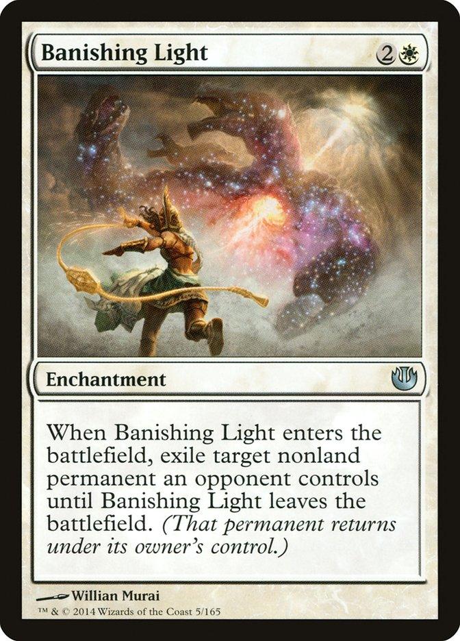 A Magic: The Gathering card, Banishing Light [Journey into Nyx], from the Journey into Nyx set. The illustration features a character casting a spell with bright, swirling lights drawing a creature into the light. Text reads: 