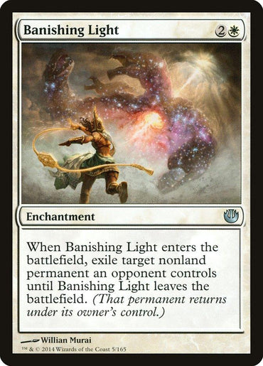 A Magic: The Gathering card, Banishing Light [Journey into Nyx], from the Journey into Nyx set. The illustration features a character casting a spell with bright, swirling lights drawing a creature into the light. Text reads: "When Banishing Light enters the battlefield, exile target nonland permanent an opponent controls until Banishing Light leaves the battlefield.