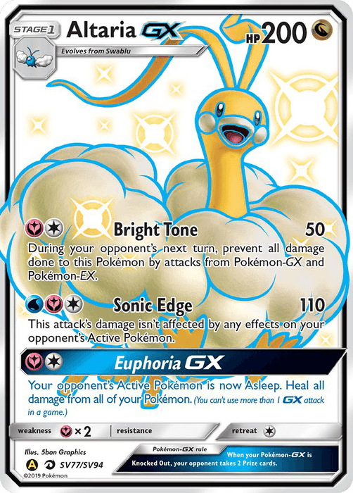 Pokémon Altaria GX (SV77/SV94) [Sun & Moon: Hidden Fates - Shiny Vault] featuring 200 HP, a yellow and blue dragon-like creature with cloud-like wings. Includes moves: Bright Tone, Sonic Edge, and Euphoria GX. The holographic card is part of the Shiny Vault in Hidden Fates series and labeled as SV77/SV94 from the 2019 Pokémon Sun & Moon series. Weakness, resistance, and retreat