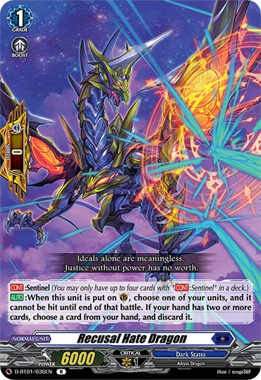 A rare trading card featuring "Recusal Hate Dragon (D-BT01/036EN) [Genesis of the Five Greats]" by Bushiroad, displaying a mythical dragon adorned with blue and purple armor and vibrant, fiery wings. Boasting a power of 6000, this card showcases various stats and abilities. The background depicts an explosive, dynamic scene with hues of purple and red from Genesis of the Five Greats.