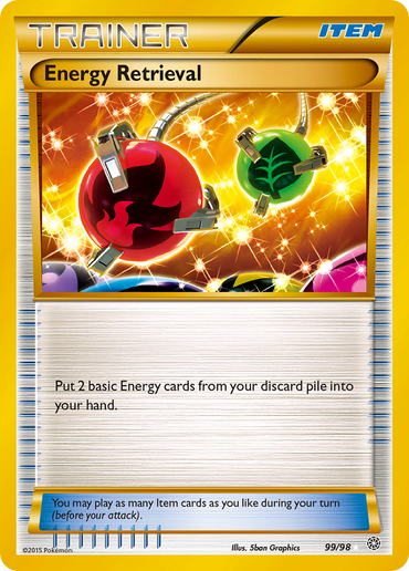 The Pokémon trading card "Energy Retrieval (99/98) [XY: Ancient Origins]" is a Secret Rare card categorized under Trainer, specifically within the Item subcategory. The artwork by 5ban Graphics depicts two energy orbs with different symbols set against a sparkling backdrop. The description reads: "Put 2 basic Energy cards from your discard pile into your hand." This card is part of the Ancient Origins set.