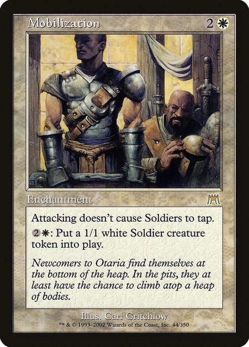 The Magic: The Gathering card titled "Mobilization [Onslaught]" features two armored figures; one standing and flexing, the other sitting and holding a globe. Set in Otaria, this Enchantment costs 2W, grants Soldier creatures vigilance when attacking, and allows creating a 1/1 white Soldier token for 2W.