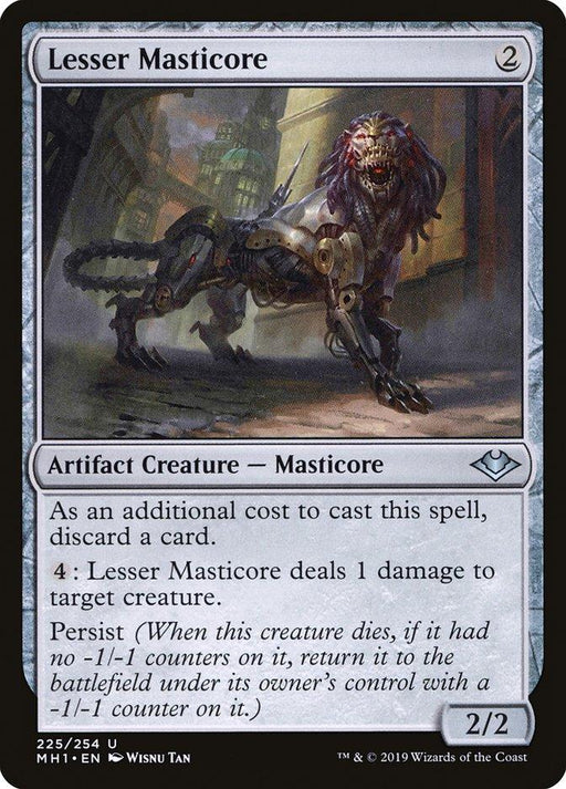 The image showcases a Magic: The Gathering card from Modern Horizons named "Lesser Masticore [Modern Horizons]." This Artifact Creature - Masticore has a mana cost of 2 and features artwork of a mechanical beast with sharp metallic limbs and a monstrous face, capable of dealing 1 damage to a target creature and persisting.