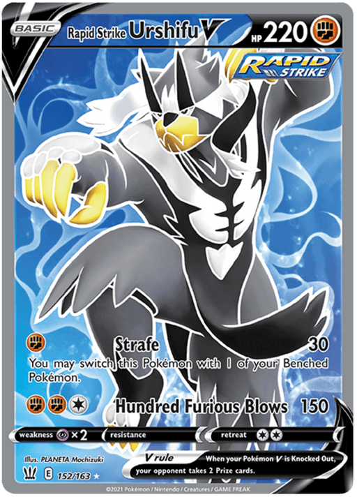 The image shows a Rapid Strike Urshifu V (152/163) [Sword & Shield: Battle Styles] trading card from Pokémon featuring Rapid Strike Urshifu V. The card displays a black and white humanoid bear-like Pokémon with 220 HP, and attack details: "Strafe" (30 damage) and "Hundred Furious Blows" (150 damage). Illustration by PLANETA Mochizuki.