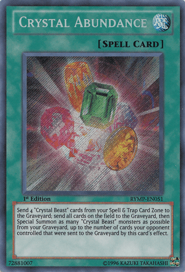 A Yu-Gi-Oh! trading card titled "Crystal Abundance [RYMP-EN051] Secret Rare." The card frame is green, signifying a Spell Card. The artwork showcases brightly colored gems: purple, green, red, orange, and blue, radiating energy. Below, text details the effect. This 1st Edition is part of the Ra Yellow Mega Pack; ID: RYMP-EN051