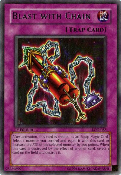 A "Yu-Gi-Oh!" card titled "Blast with Chain [LOD-088] Rare" with a purple border and the description "Normal Trap Card" at the top. The illustration shows a chain weapon with green, red, and yellow elements. The bottom contains the card’s effect text and has a copyright notice from Kazuki Takahashi's Legacy of Darkness series.