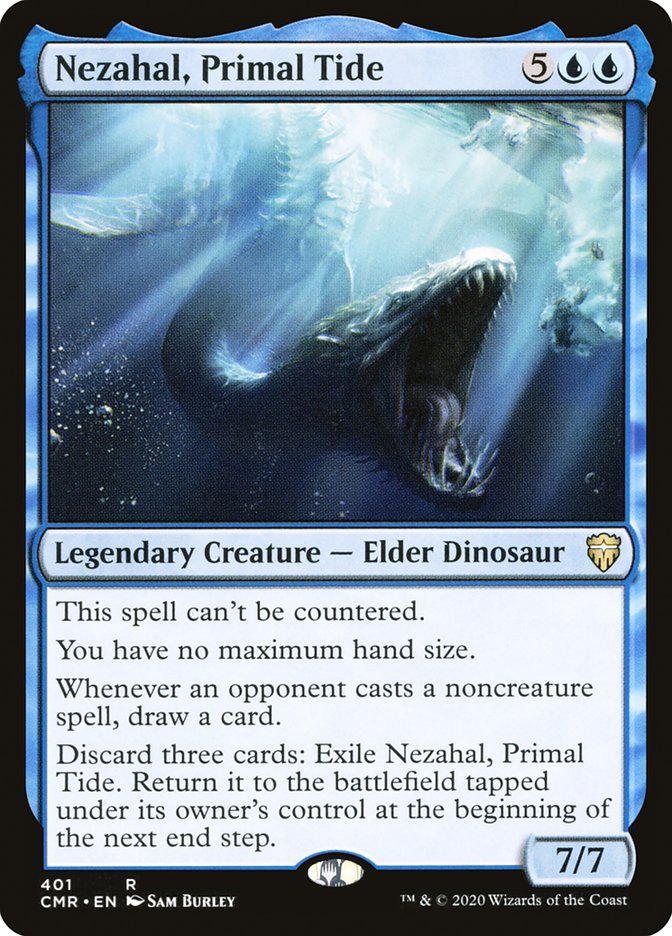 A Magic: The Gathering product named Nezahal, Primal Tide [Commander Legends]. The card shows an enormous, aquatic Elder Dinosaur with its mouth open, emerging from an ocean wave. A blue card from the Commander Legends set, it has a casting cost of 5 colorless and 2 blue mana. It's a 7/7 Legendary Creature with various abilities involving hand size and card draw.