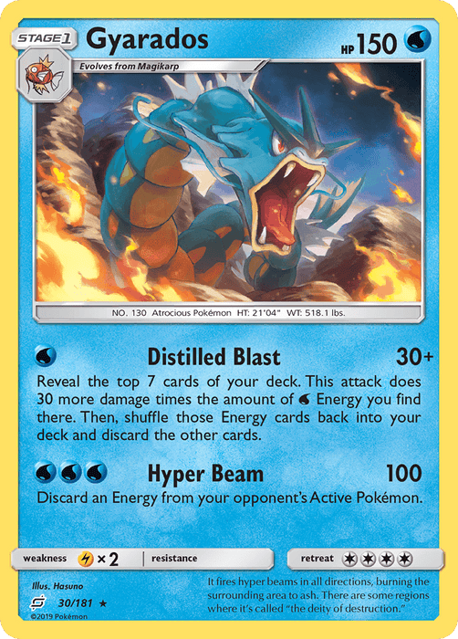 The image is a Pokémon trading card featuring Gyarados (30/181) [Sun & Moon: Team Up], an aggressive blue sea serpent with sharp teeth, emerging from water. As a Water type from the Sun & Moon: Team Up series, it boasts 150 HP. The Holo Rare card lists two attacks: "Distilled Blast" and "Hyper Beam." It’s numbered 30/181.